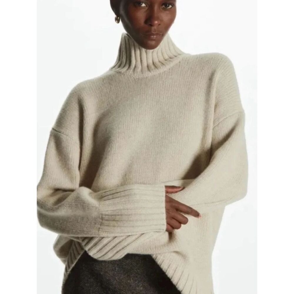 COS Chunky 100% Cashmere Funnel Neck Sweater Undyed Cream Tan XS NWT